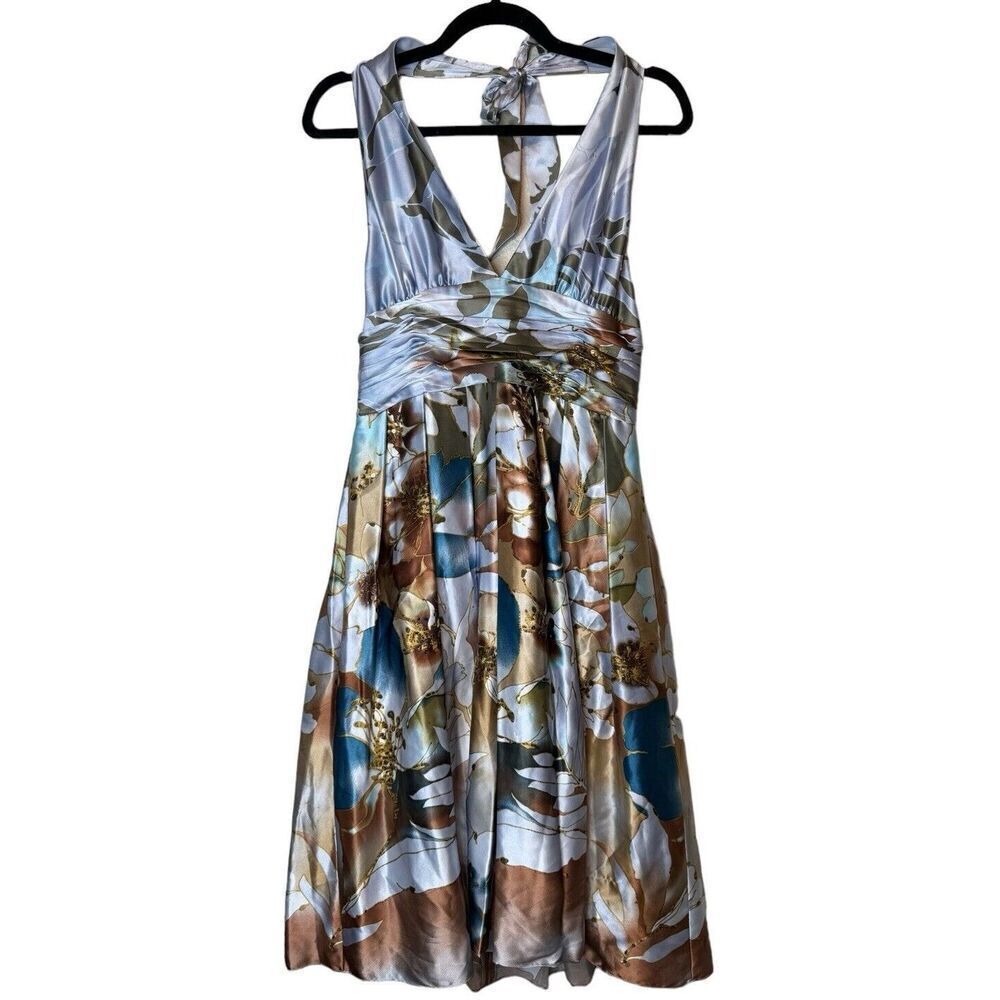 Adrianna Papell Occasions 100% Silk Blue Floral Halter Sequin Dress Y2K Sz 14 - Picture 7 of 14